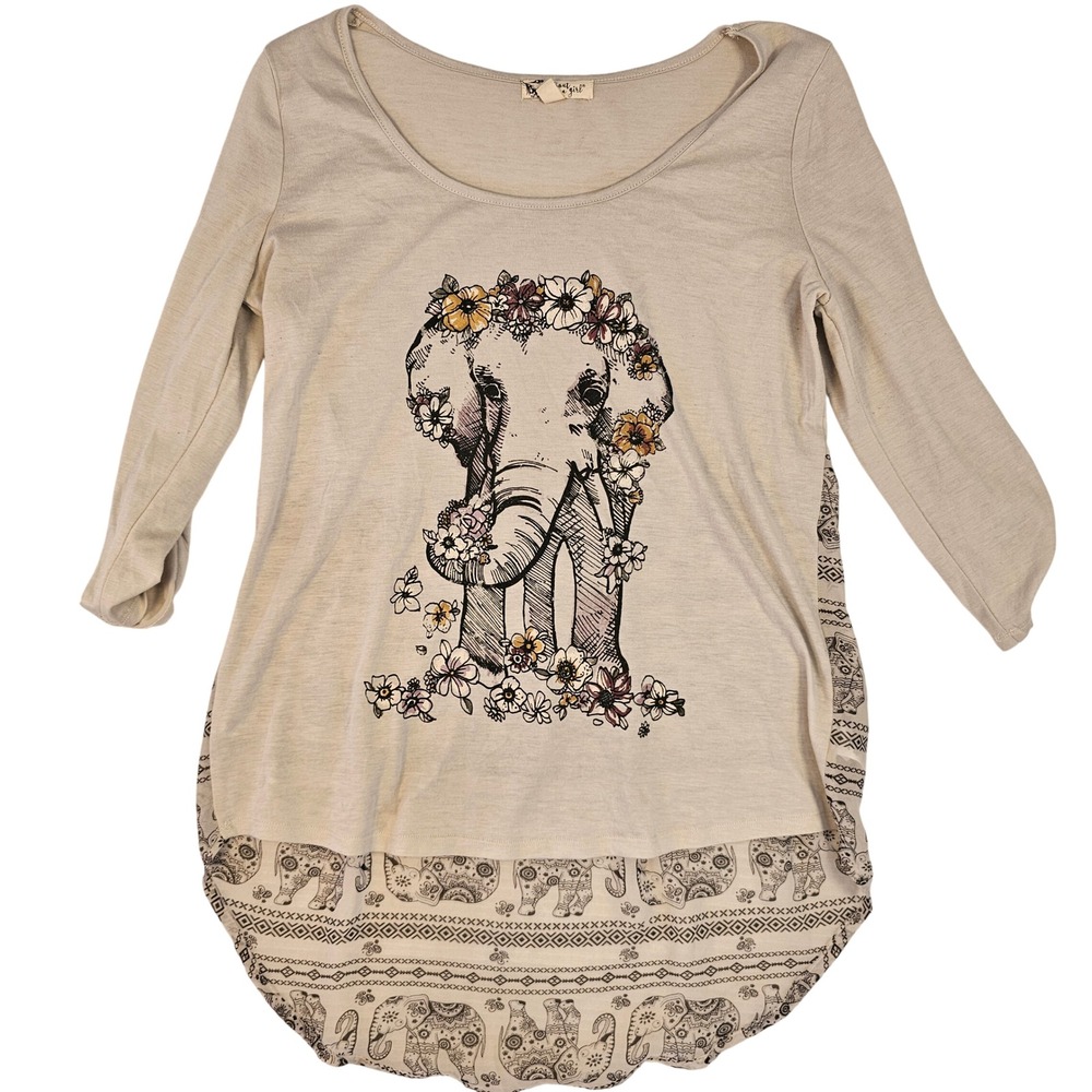 About A Girl Elephant Floral Graphic Mixed Print High Low Top Tan Medium